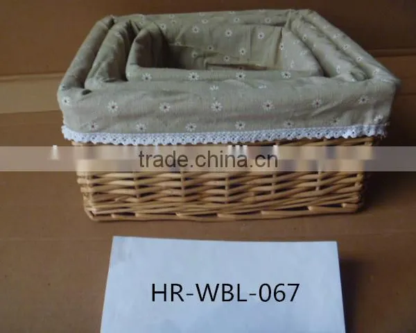 3 Set Natural Color Rectangular Wicker Basket With Grey Cotton Liner