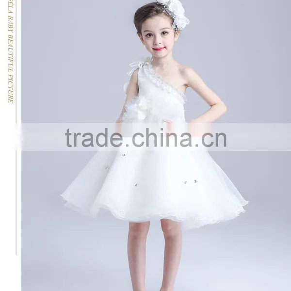 2017 Wholesale Children One Sleeve Shoulder Dress Flowers Slashes Dresses photo-3
