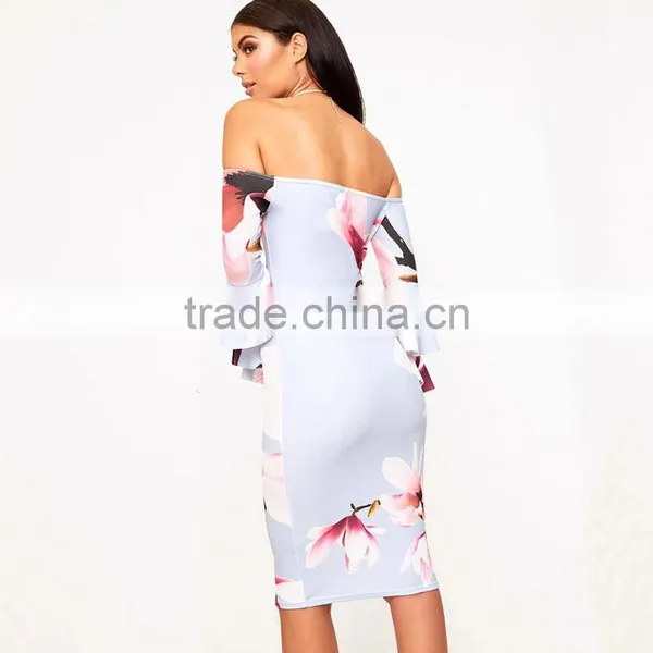 Ruffle Flare Sleeve Digital Floral Print off Shoulder Bodycon Bardot Dress photo-3