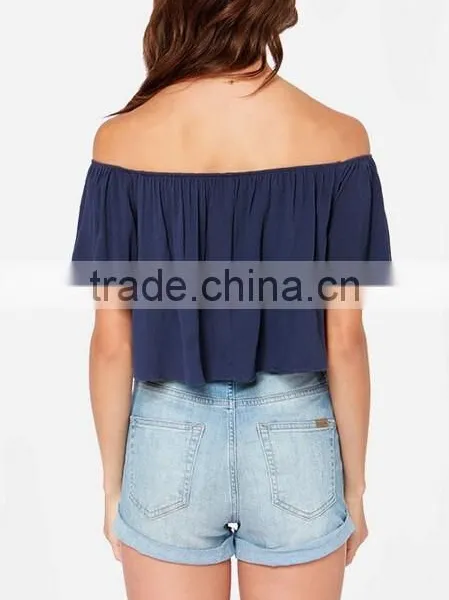 2017 Wholesale Womens Custom off Shoulder Ruffle Top Solid Color photo-3