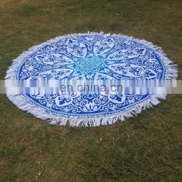72" Indian Hippie Blue Ombre Mandala Round Roundie Tapestries Hippy Boho Gypsy Cotton Wholesale Round Beach Throw Yoga Mat photo-2