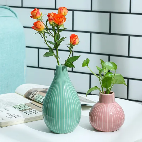 Green And Pink Stripe Easy Simple Ceramic Vase Art Decor For Drawing Room photo-5