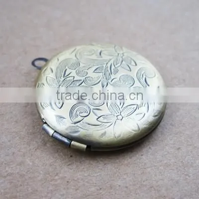 27mm Vintage Style Round Flower Engravde Brass Antiqued Bronze Photo Locket Pendant Charm DIY Supplies 1111012 photo-2