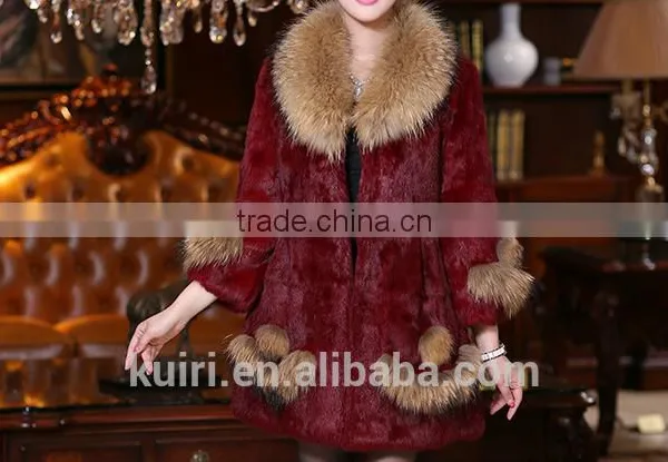 Hot Selling Korean Real Rex Rabbit Fur Coat With Raccoon Fur Collar Low Price Pc-140 photo-4