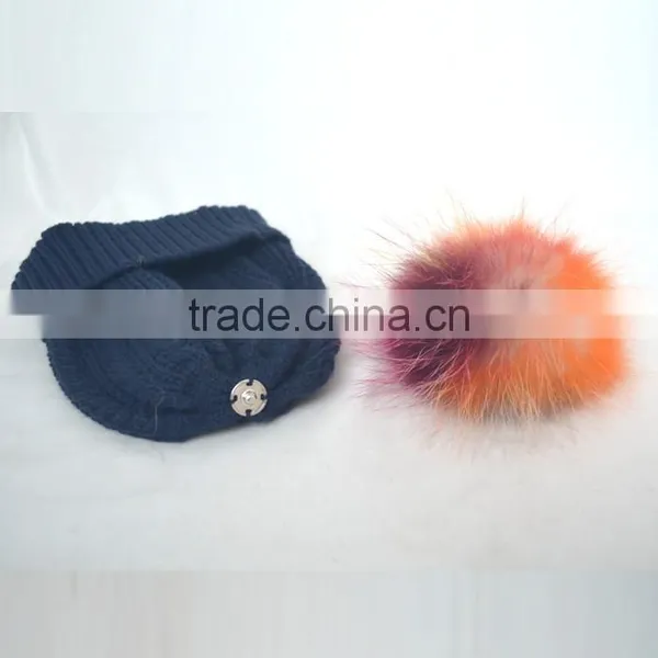 Myfur Navy Color Adults Winter Wool Beanie With Raccoon Fur Pompom Top photo-6
