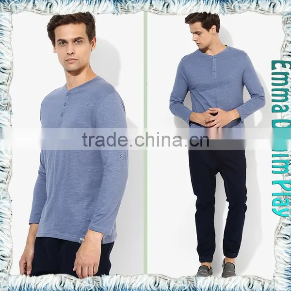 Navy Mens Buttons Placket Blank Long Sleeves T-Shirts photo-4