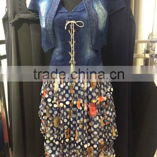2015 Turkish Fashion Jean Roll Printed Dress With Beaded Jeans Coat