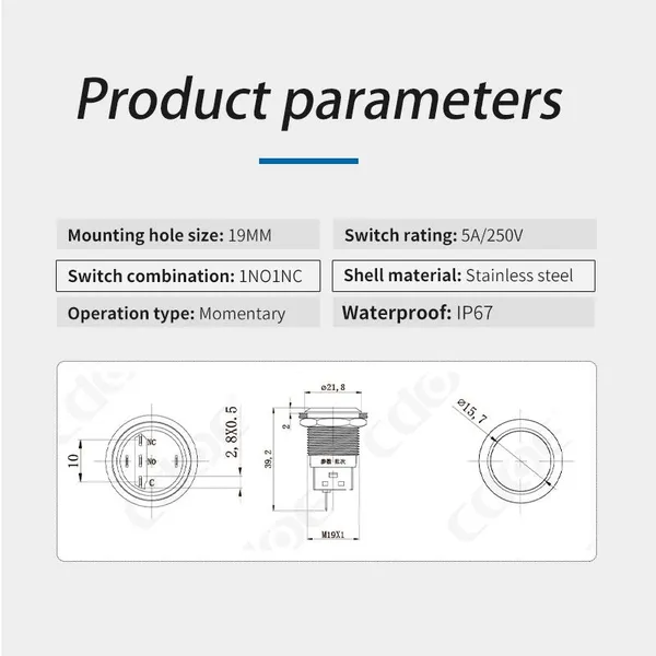 Ip67 19mm Flat Head 1 Normally Open and 1 Normally Close 250v Push Button Momentary Switch photo-3