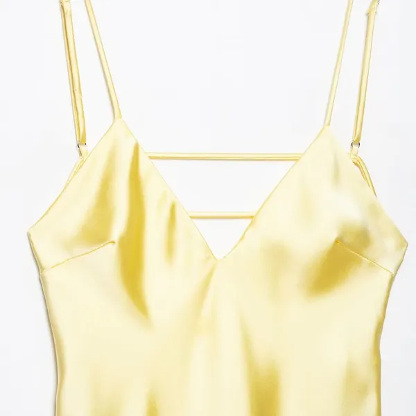 2025 Spring/Summer New Solid Color Back Hollow Satin Strap Dress photo-2