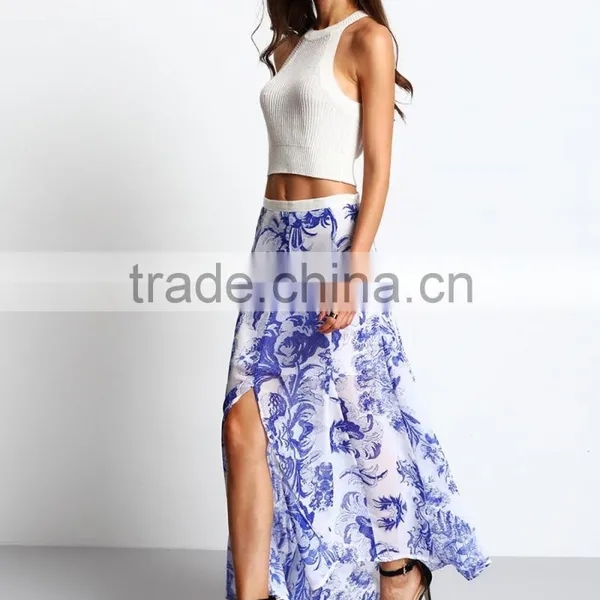 Garment Factory Women Print High Cutting Flowy Long Maxi Skirt 2016 photo-5