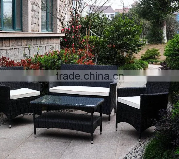 Home Compact 4 PC Outdoor/Indoor Rattan Patio Furniture Set Black Wicker Garden Lawn White Cushioned Sofa Seat