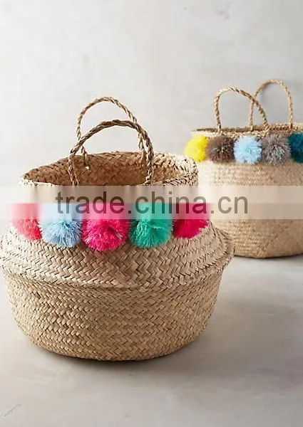Colorful Pompom Seagrass Beach Bag With Handle photo-6