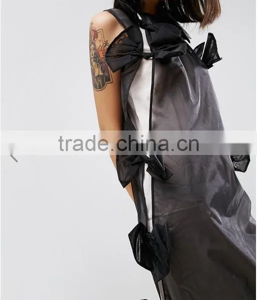 Summer Dress For Women Black Lightweight Organza Contrast Lining Crew Neck Bow Detail Midi Organza Dress photo-3