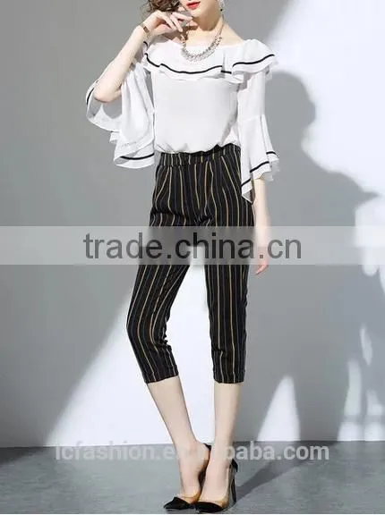 2017 Wholesale Summer Women Big Round Neck Ruffle Sleeve Fashion Chiffon Blouse photo-4