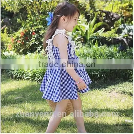New Arrival Children Clothes Lace Trim Bule Plaid Kids Clothing Wholesale 100%cotton Baby Nice Dress photo-4