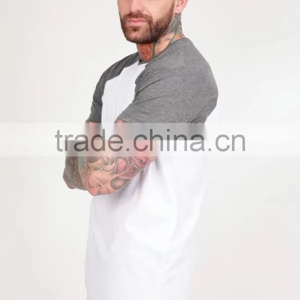 Short Sleeve Raglan Baseball T Shirt for Men Longline Curved Hem Baseball Tee White/Heather Grey Contrast T Shirt photo-2