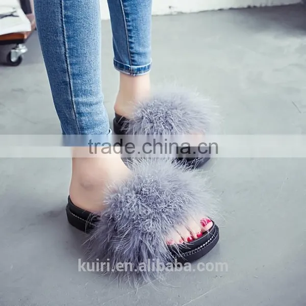 2017 Sweet Candy Color Summer Women Real Natural Feather Turkey Fur Fuzzy Slippers Slides Mules Women Open Shoes Fslipper-6 photo-3