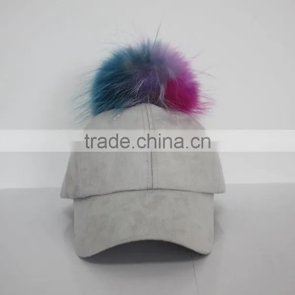 Myfur Man Suede Baseball Cap And Hat With Real Red Fox Fur Pom Puff photo-2