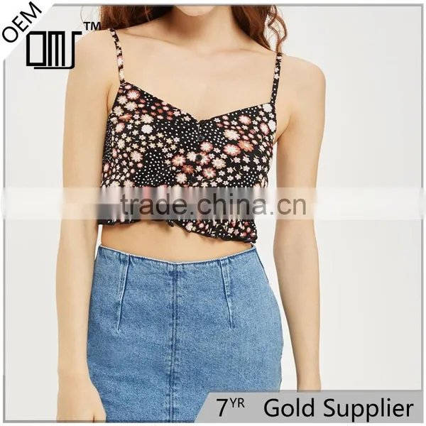 2015 Summer Trendy Flower Print Cropped Fit Casual Tops for Ladies