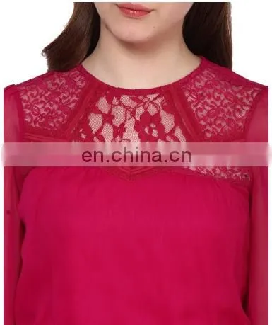 Popular Creation Latest Designer Chiffon Lace Neck Pattern Red Hot Comfortable Long Sleeve Western Beautiful Tunic Dress Top photo-4