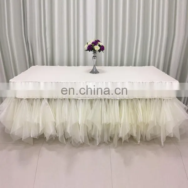 TC121D New Design 8ft Rectangle Rosette Ruffled Curly Willow Table Skirt photo-2