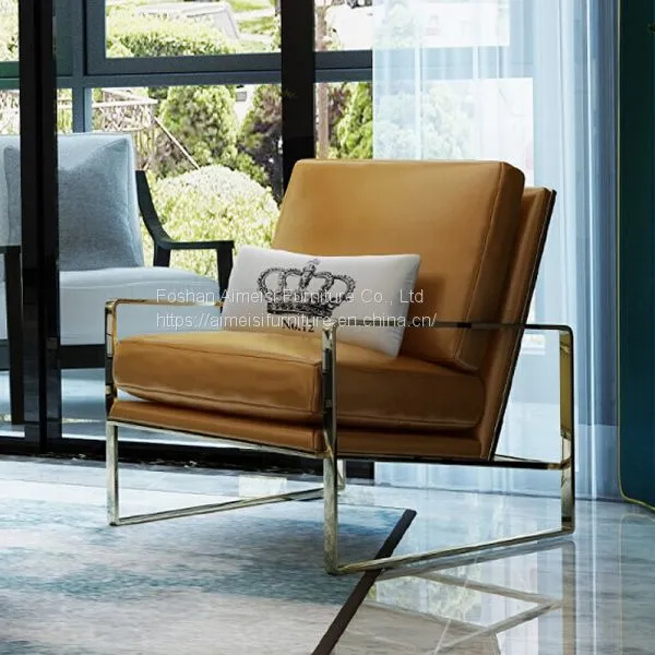 Modern Leather Cushion Golden Chrome Frame Lounge Sofa Chair photo-4
