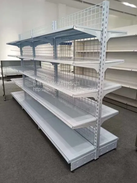Double Sided Supermarket Shelves With Wire Mesh Back