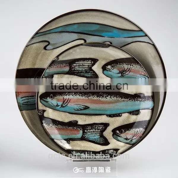 16-piece Reactive Glaze Stoneware Dinnerware Set With American Sea World Hand Printing photo-2