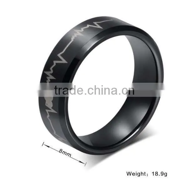 European Laser Men's Black Tungsten Rings Electrocardiogram photo-3