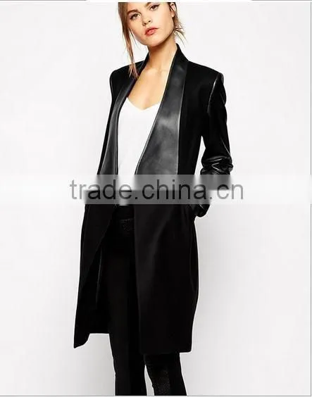 2015 European Style Women's Pu Stitching Woolen Coat photo-2