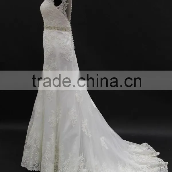 Small A-line With Beading Belt Lace Appliques Sexy See Through Back Wedding Dress photo-3