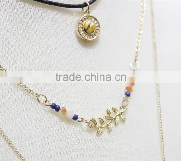 Gold Chain Layered Necklace W/Blue & Tan Bead Gold Leaf & Bird Metal Necklace 2016 Fashion Style Wholesale photo-3