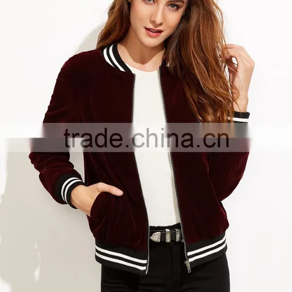 Jacket Women Winter Burgundy Stand Collar Bomber Jacket Slim Fit Velvet Blazer With Striped Trim Detail photo-3