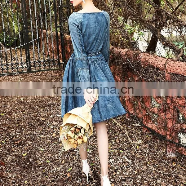 Maxnegio Cute Vintage Style Denim Knee-lenth Slim Dress photo-2