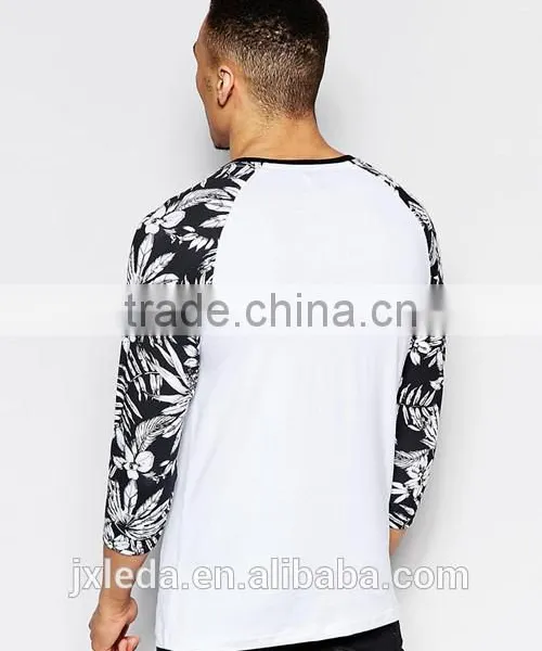 Men Muscle Fit Floral Pattern Print Contrast Long Raglan Sleeve White T-shirt OEM Custom photo-2
