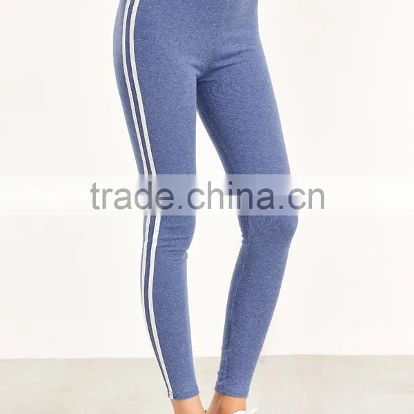 Sexy Basic Raw Hem Crop Tops With Blue Striped Side Leggings Cotton Blends Casual Women Sportwear Jogger photo-3
