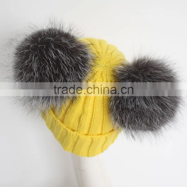 Myfur Yellow Color Wool Knitting Beanie Hat With Genuine Silver Fox Fur Pompoms photo-4