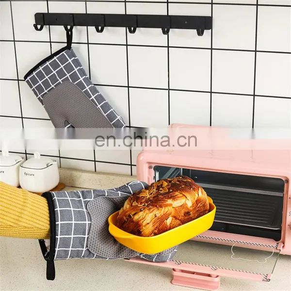 Heat Insulated Grid Pattern Microwave Oven Mitt With Silicone Non Slip Kitchen Gloves Oven Mitten Mitts For Baking Cooking photo-2