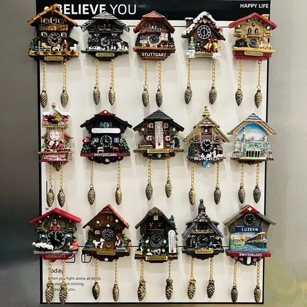 Wholesale Price Personalized Tourists Gifts Switzerland Austria Germany Pine Cone Cuckoo Clock Custom Resin Souvenir Fridge Magnet Factory