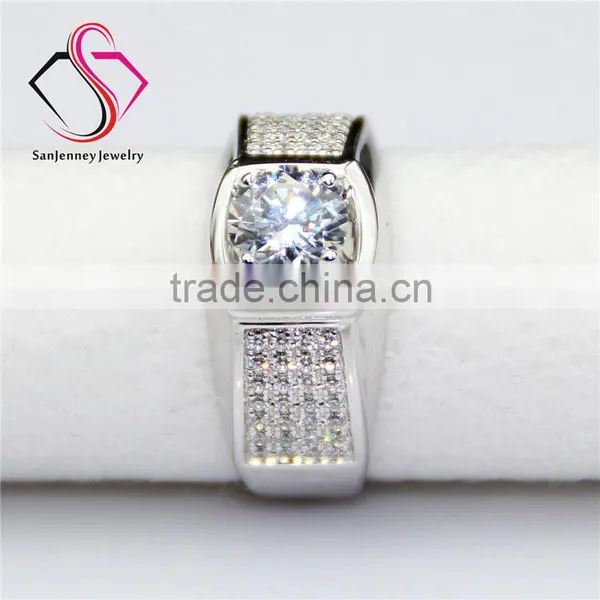 Round Brilliant Cut Moissanite 1CT 6.5mm Center 14k 18k White Gold 4 Row Accents Wide Wedding Band Men's Diamond Band photo-5