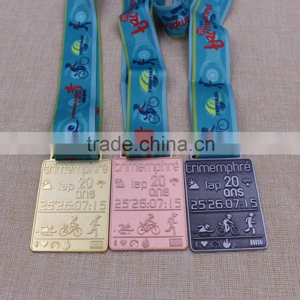 Good Quality Engraved Rectangular Gold Silver Bronze Triathlon Medals