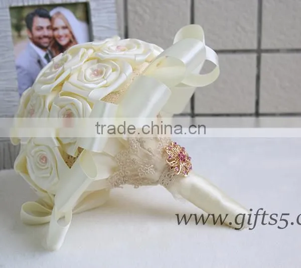 Lovely Satin Roses Bridal / Bridesmaid Bouquets With Lovely Pink Beads and Brooch photo-3
