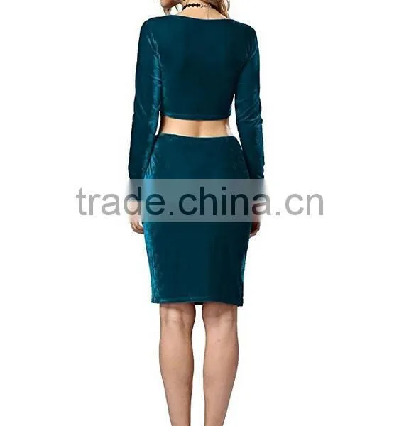 Dropshipping Apparel 2017 Latest Fashion Women's Pleuche Sexy Bodycon Crop Top Midi Skirt Dress 2 Piece Outfit Set photo-3