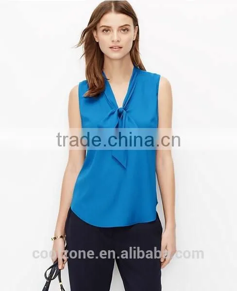 Hot Selling Fashion Crepe Blouse Knok Front Sleeveless Lady Blouse photo-2
