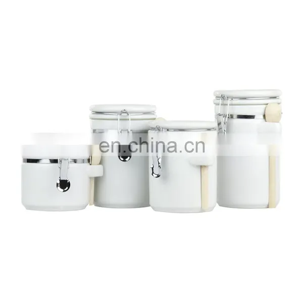Airtight High Quality Kitchenware Airtight Vacuum Kitchen Ceramic Condiment Food Coffee Storage Jar Canister Set With Lid Spoon photo-3
