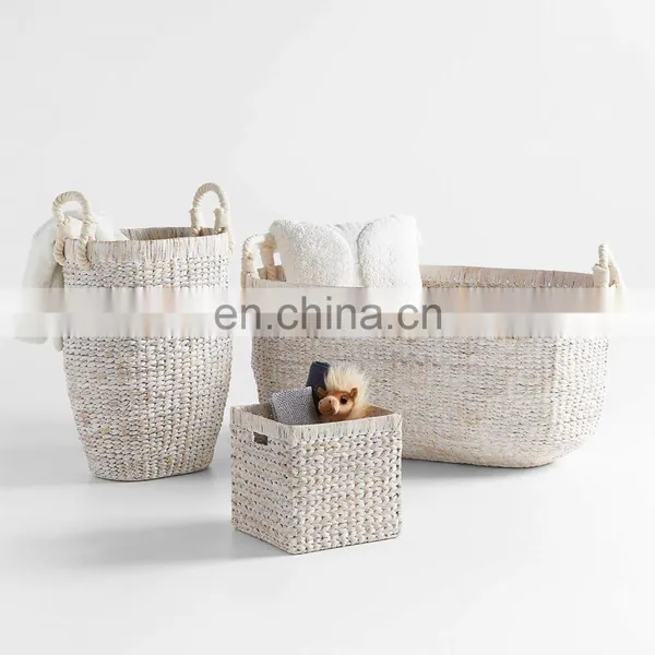 Hot Water Hyacinth Whitewased Storage Basket Set Home Decoration Clothes Laundry Basket In Bulk Wholesale Vietnam Supplier