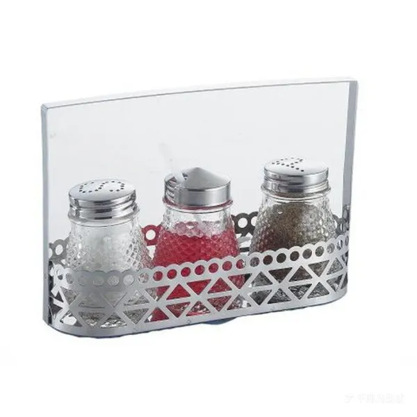 Glass Salt Pepper Mustard Condiment Set With Stainless Steel Rack photo-5