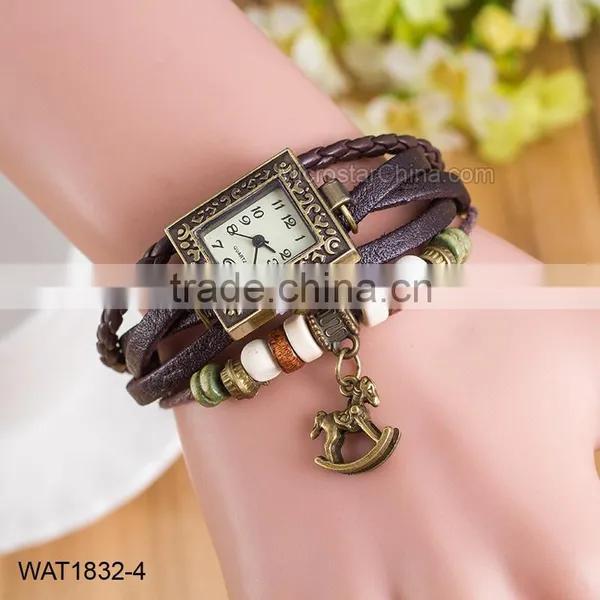 Vintage Rectangle Watchhead Green Leather Ladies Bracelet Wrist Watch photo-6