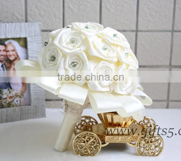 White Handmade Satin Rose Wedding Bouquet With Crystal photo-3