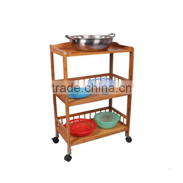 Wholesale Bamboo Kitchen Cart New Mobile Dining Car With Baskets, Shelves and 8-Slot Wine Bottle Holder